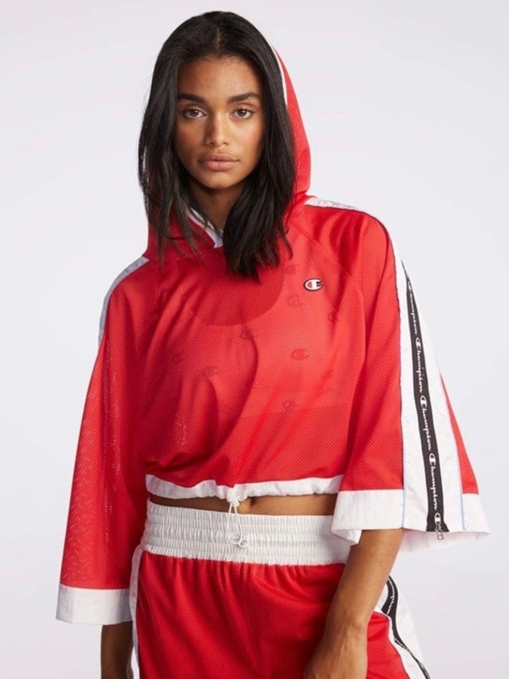 Champion Red Mesh Cropped Hoodie Size M